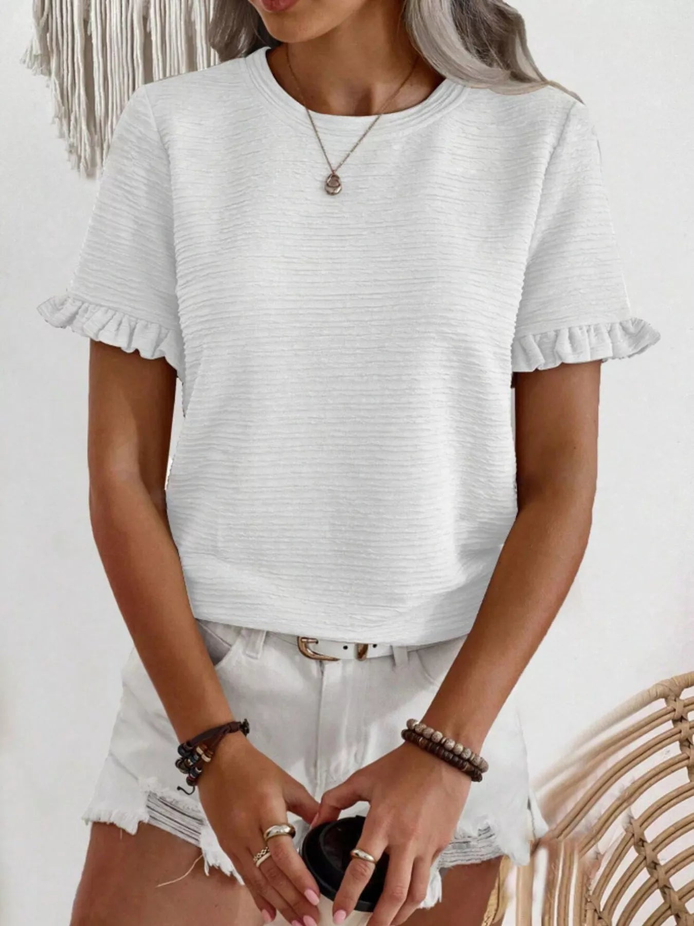 Textured Ruffle Sleeve Round Neck T-Shirt