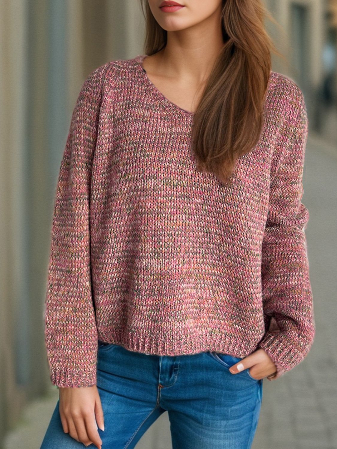 Heathered V Neck Long Sleeve Sweater