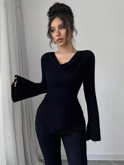 Cowl Neck Flare Sleeve Top