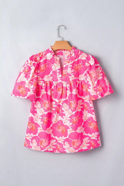 Short Bubble Sleeve Summer Floral Blouse