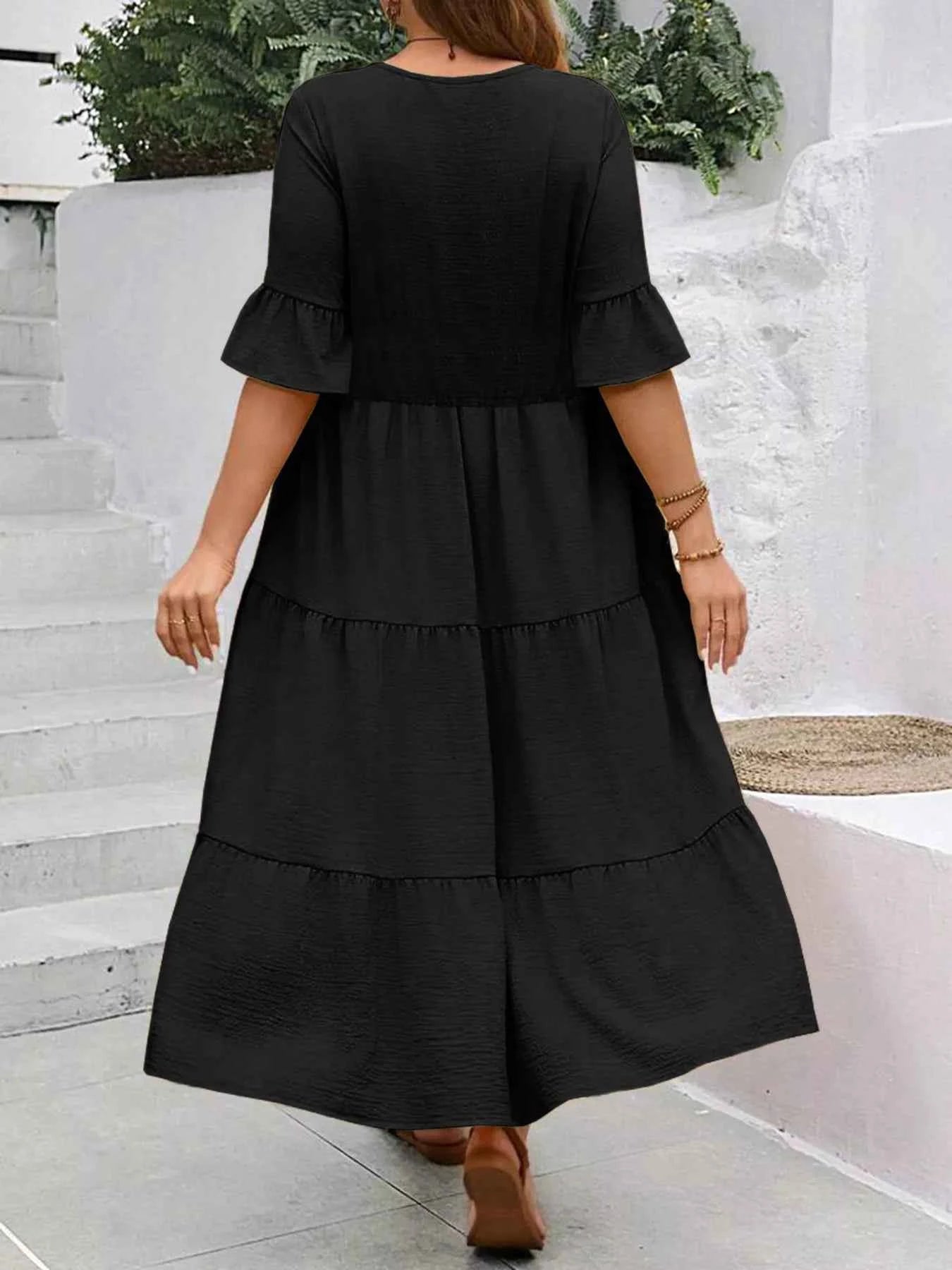 Plus Size Ruffle Sleeves Tiered Midi Dress