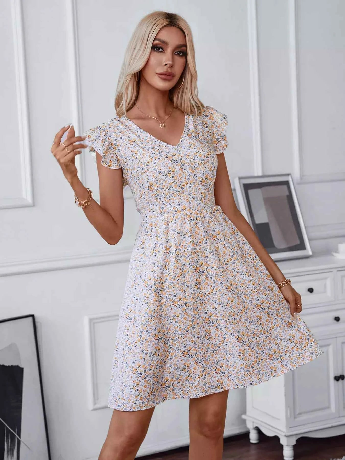 Floral Print Lace Trim Tie Back Mini Dress