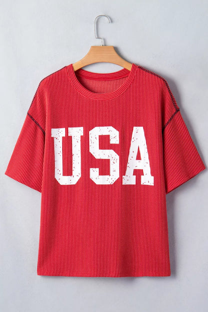 Twisted Rib Vintage USA Letter Printed T Shirt