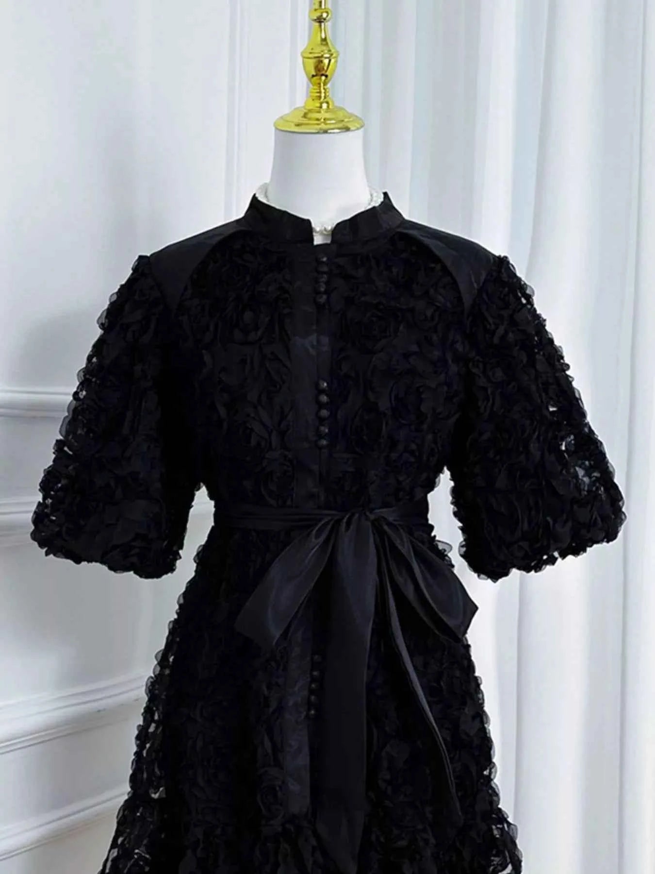 Flower Embellished Puff Sleeve Dress