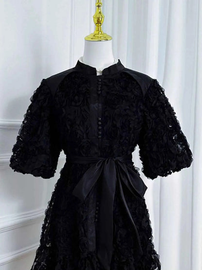Flower Embellished Puff Sleeve Dress