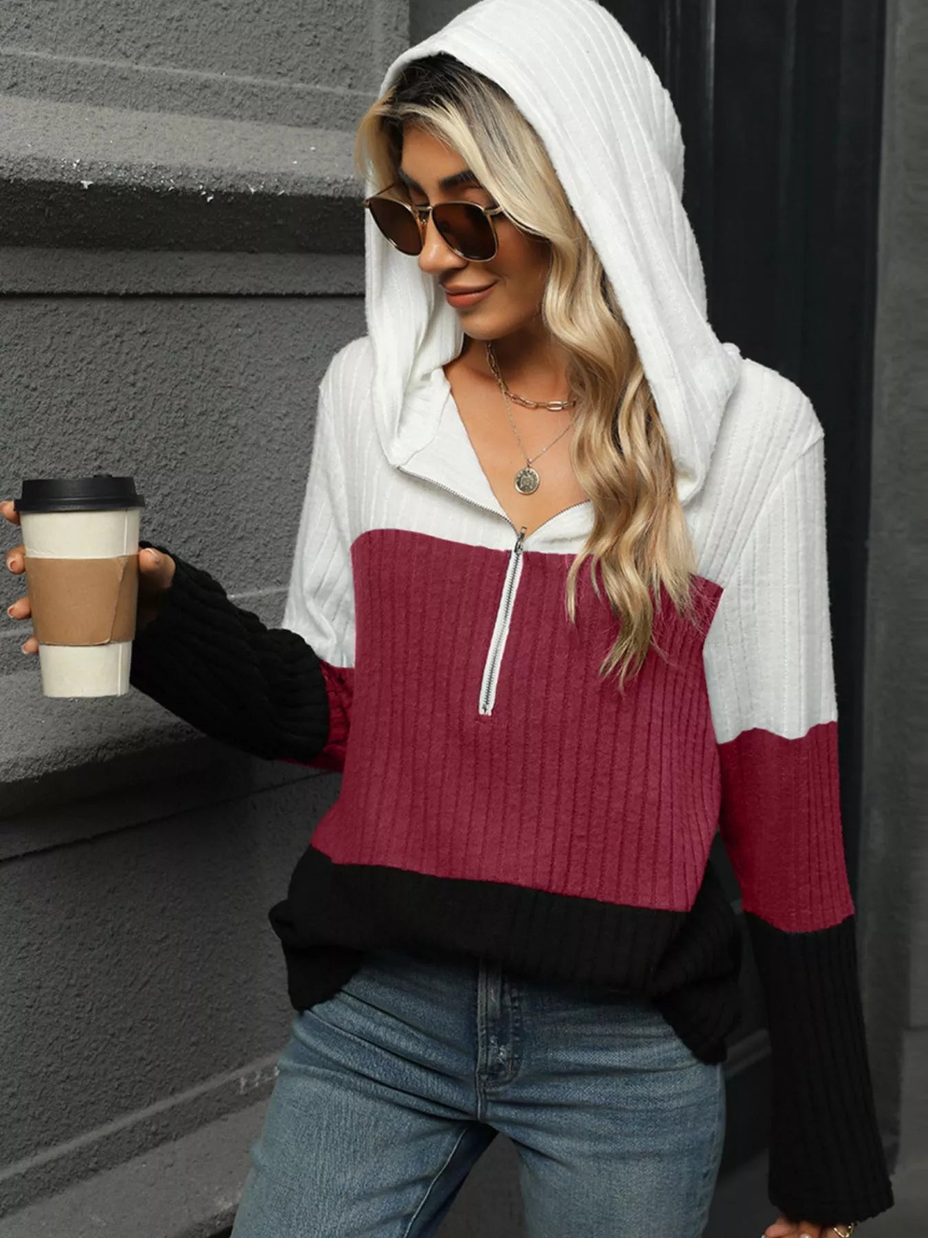 Color Block Half Zip Hooded Top