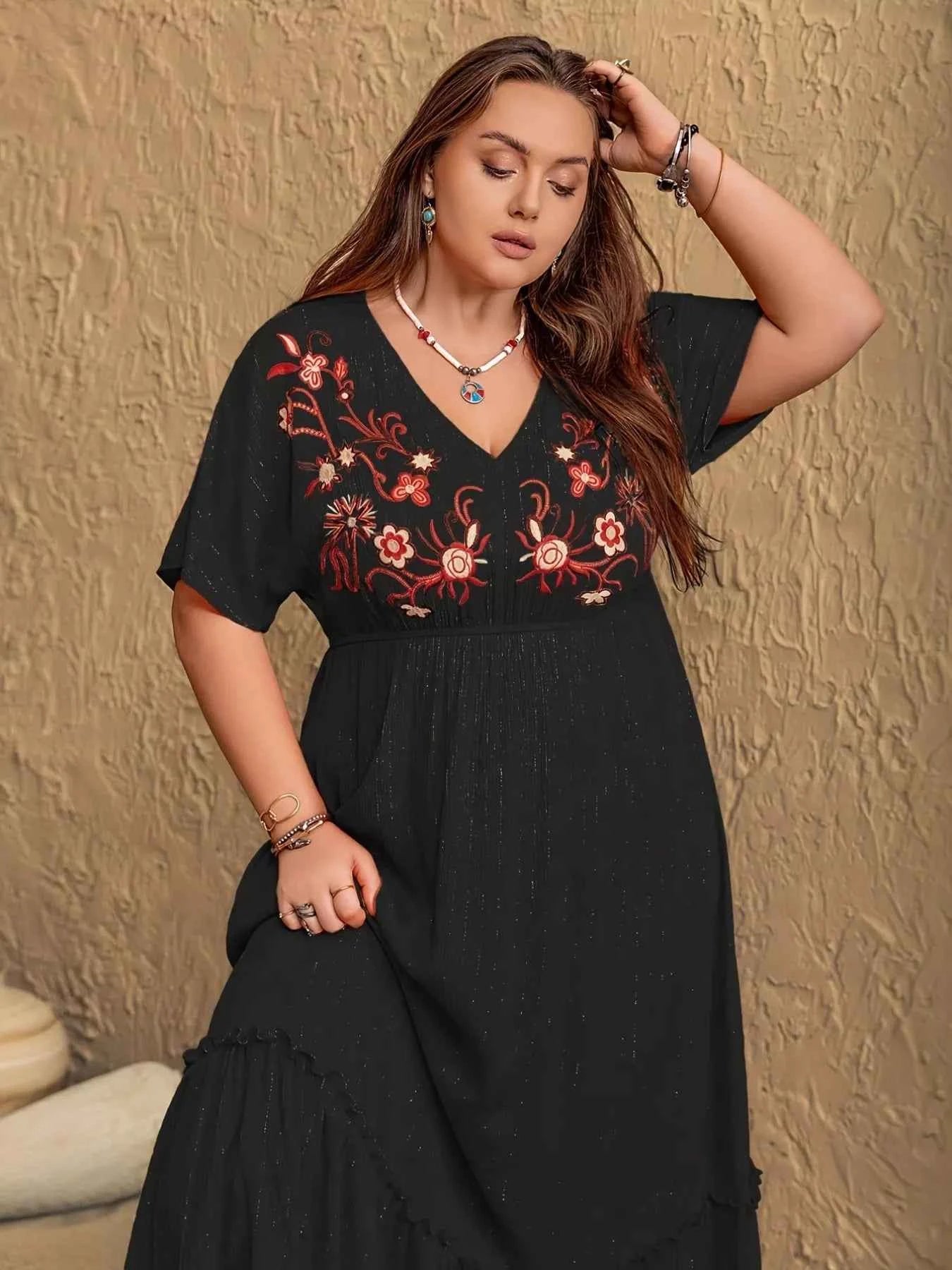 Plus Size Embroidered V-Neck Maxi Dress