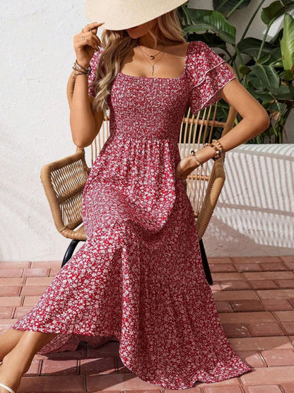 Floral Print Smocked Ruffle Sleeves Dress