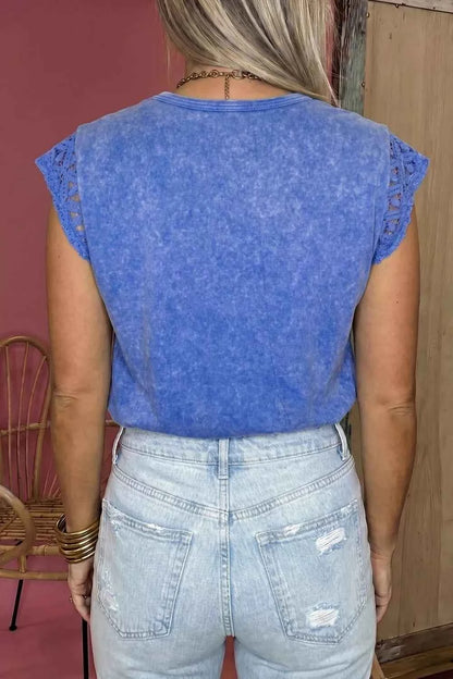 Mineral Wash Raw Seam Lace Sleeve Cotton Tee