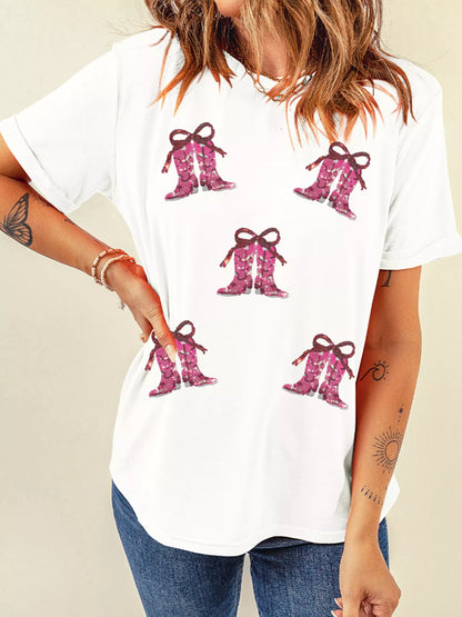 Sequined Cowgirl Boots Patched Custom Print T Shirt