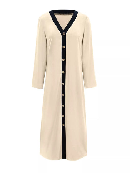 Contrast Trim Button-Down Midi Dress