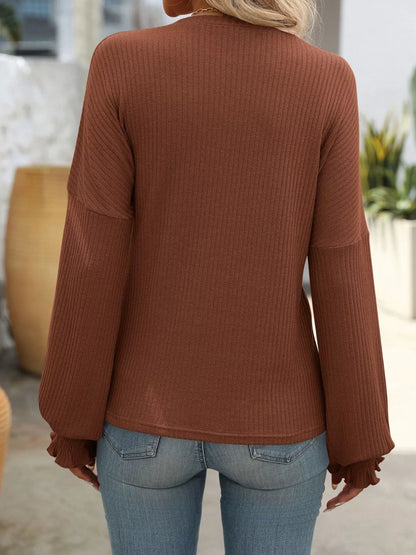 Ribbed Knit Ruffle Cuff T-Shirt
