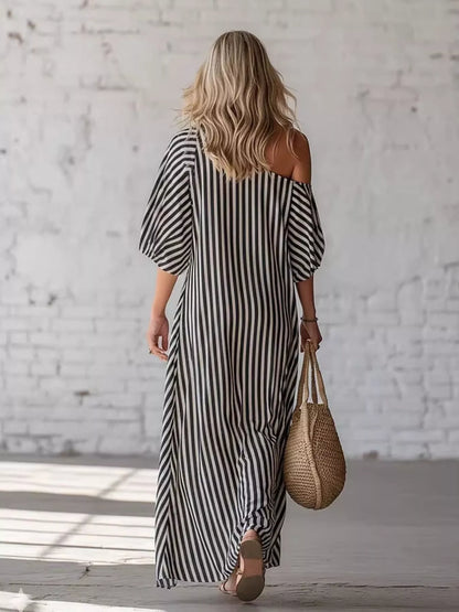 Full Size Striped One-Shoulder Casual Maxi Dress Plus Size