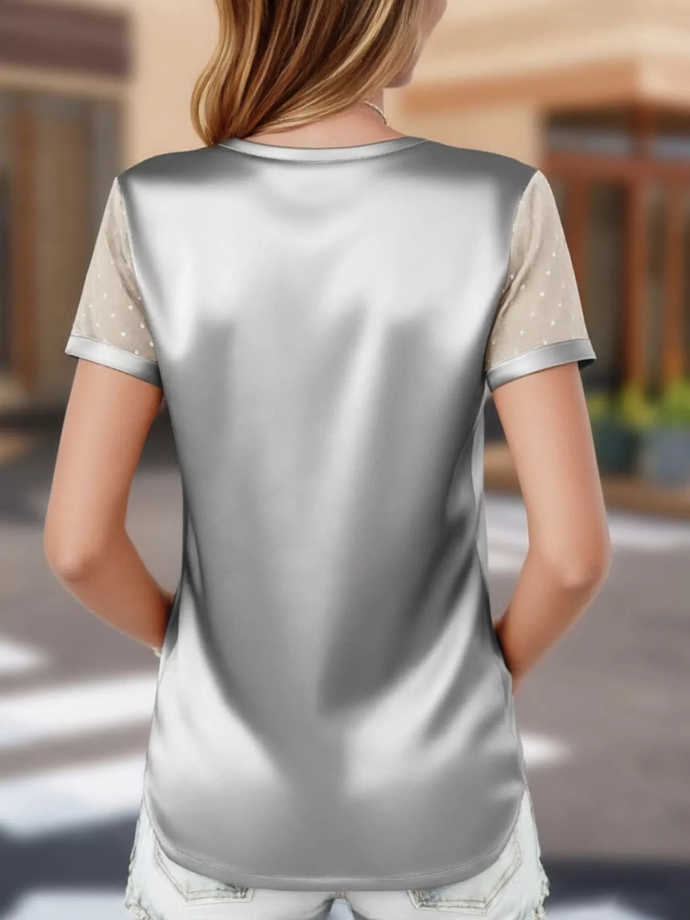 Sheer Sleeve V-Neck Top