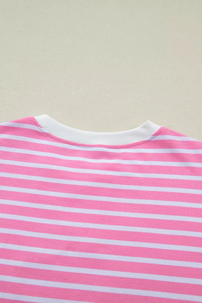 Stripe Round Neck Drop Shoulder Short Sleeve Loose Top
