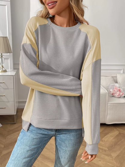 Color Block Waffle Knit Long Sleeve T-Shirt