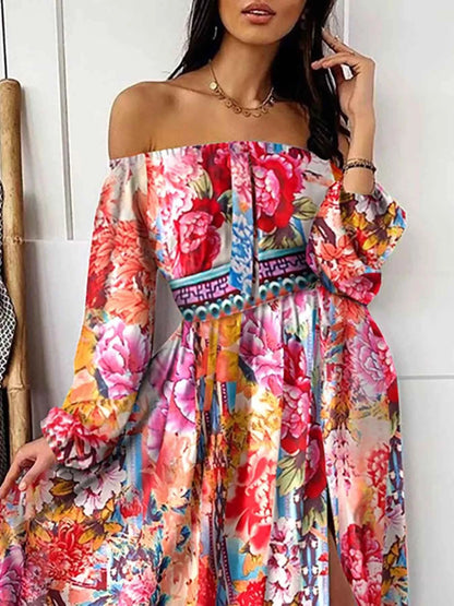 Slit Printed Off Shoulder Maxi Dress