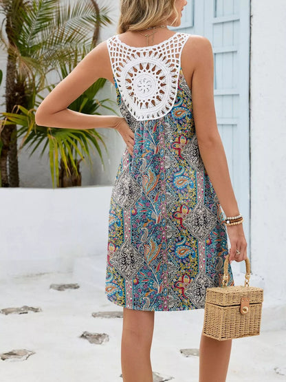 Floral Print V-Neck Crochet Back Mini Dress