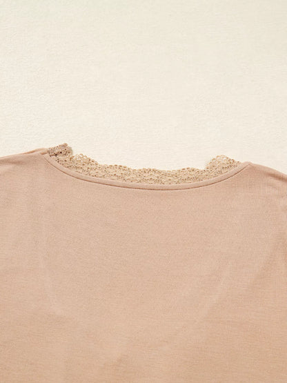 Lace-Trimmed Ruched Detail Long Sleeve T-Shirt