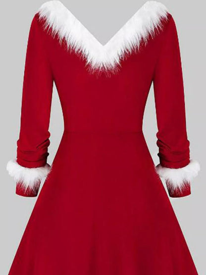 Fuzzy Trim Long Sleeve Christmas Dress