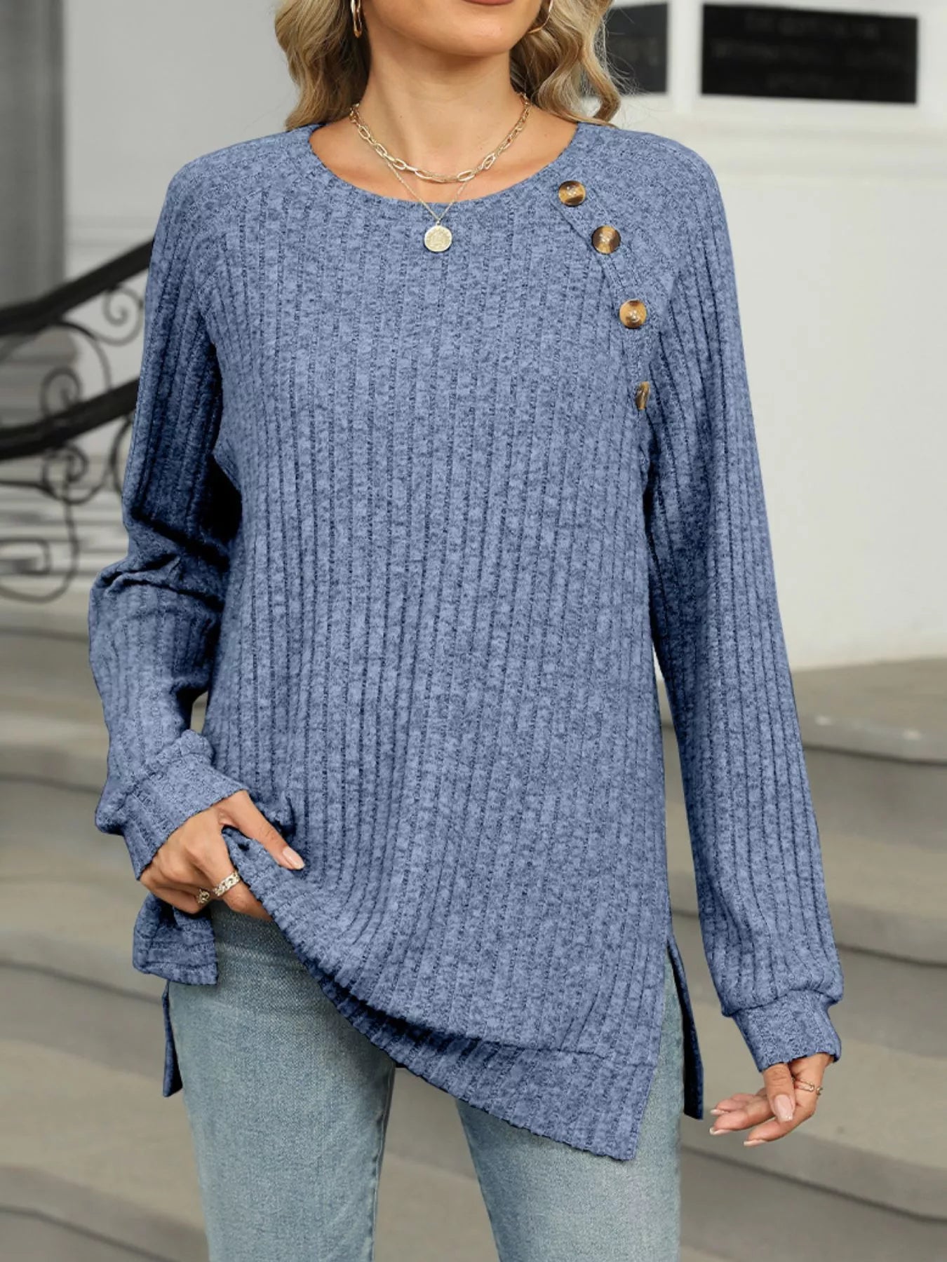 Round Neck Side Slit Ribbed Knit Top with Asymmetric Button Detail