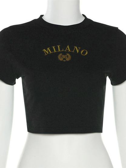 Letter Embroidered Cropped T-Shirt