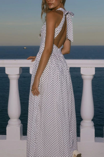 Backless Polka Dot Halter Neck Maxi Dress
