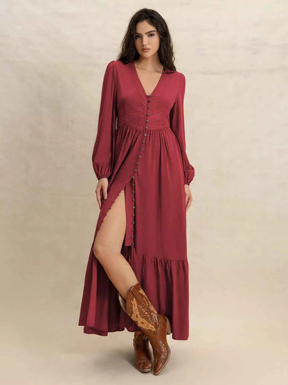 Plus Size V-Neck Balloon Sleeve Maxi Dress