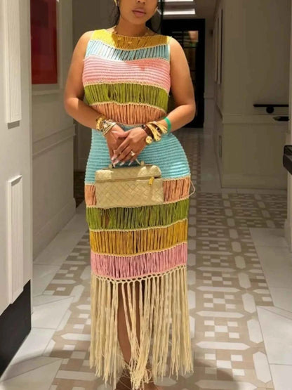 Fringe Crochet Knit Color Block Maxi Dress