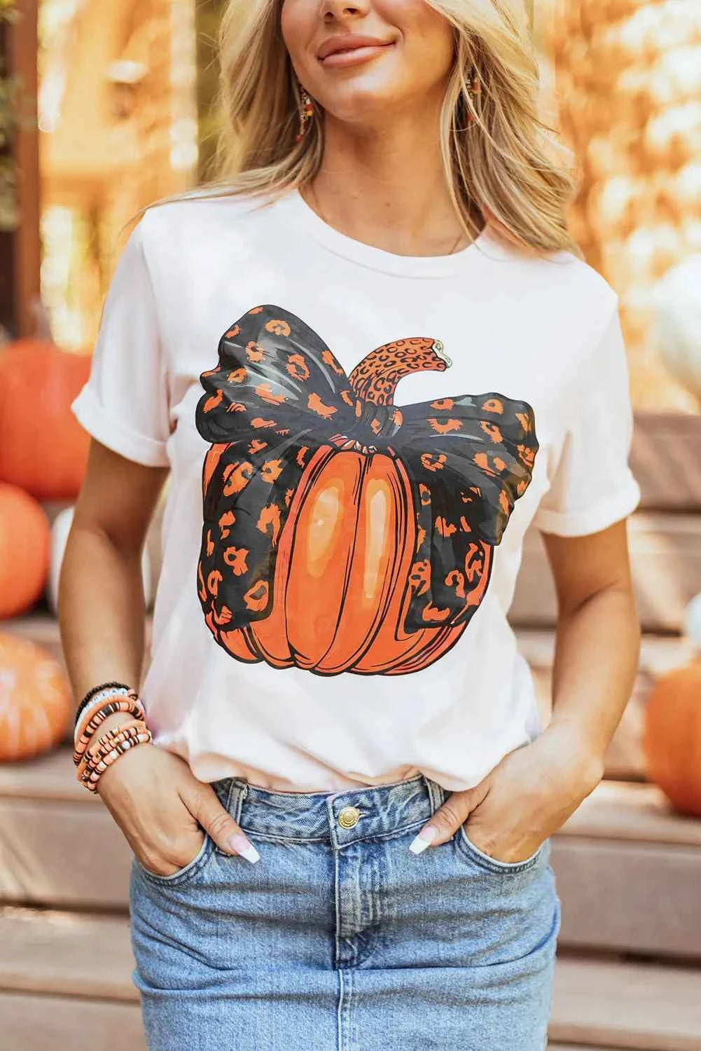 Pumpkin Round Neck Short Sleeve T Shirt Lojy Shop