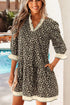 Leopard Print Striped Color Block Trim V Neck Bracelet Sleeve Mini Dress