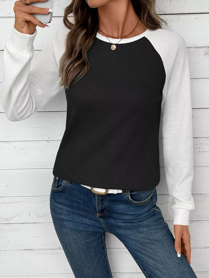 Contrast Raglan Sleeve Waffle Knit T-Shirt