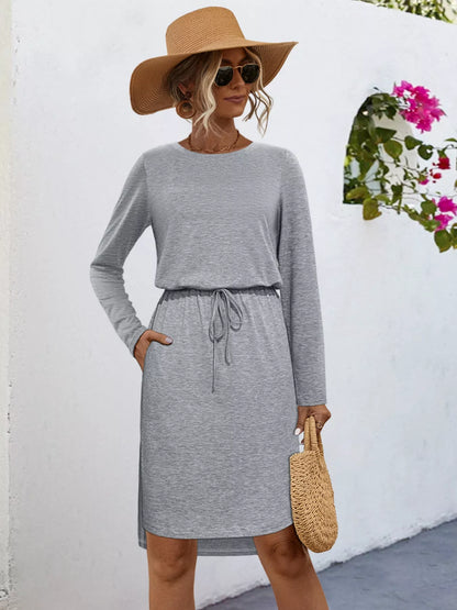 Long Sleeve Drawstring Midi Dress