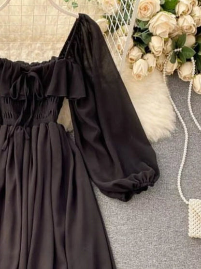 Ruffle Square Neck Balloon Sleeve A-Line Dress