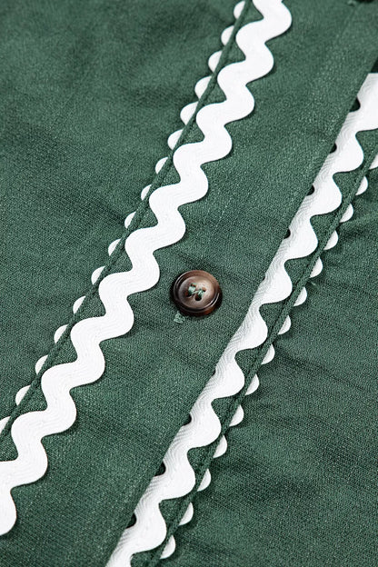 Contrast Ricrac Trim Button V Neck Knotted Bracelet Sleeve Shift Dress