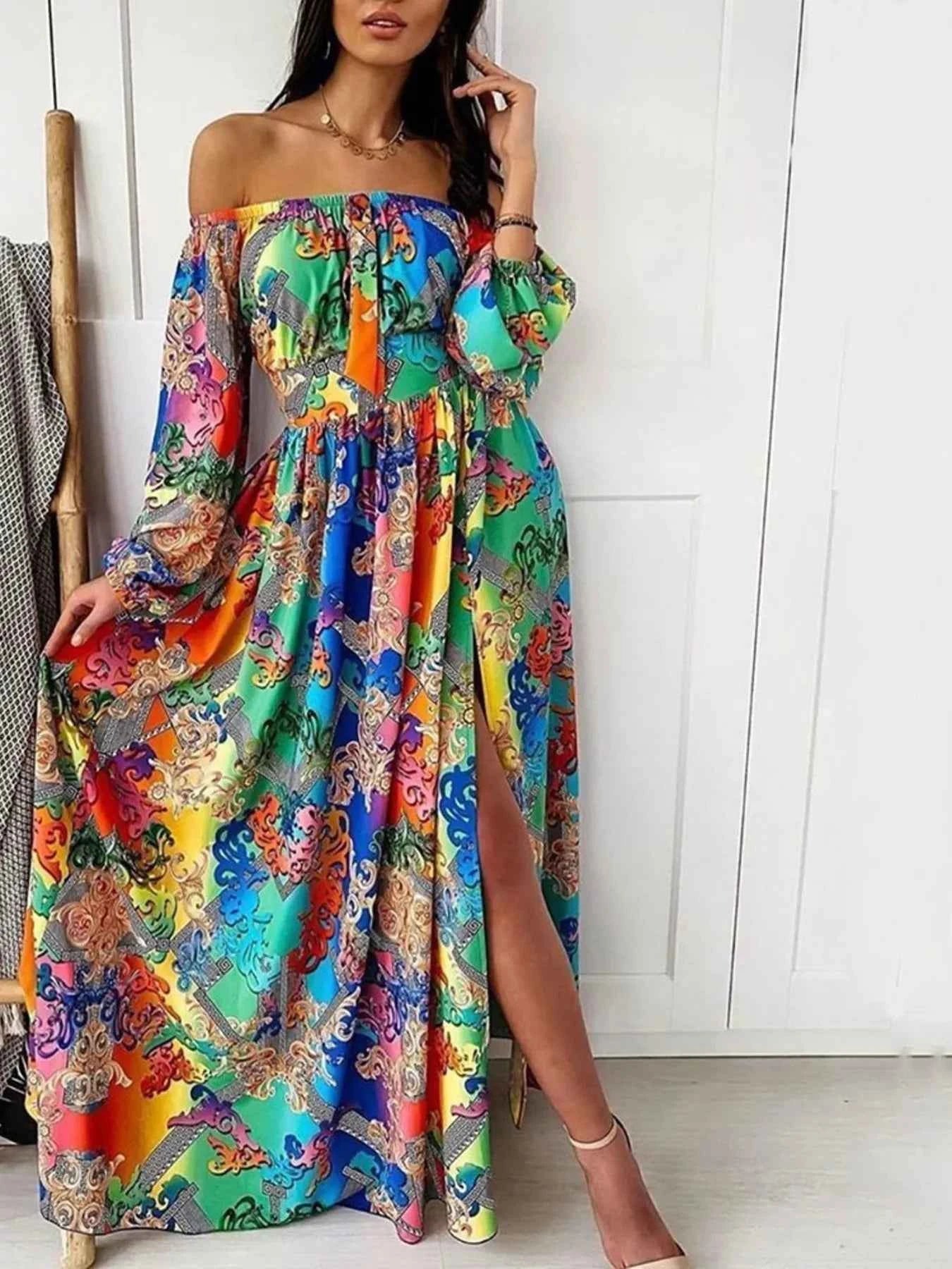 Slit Printed Off Shoulder Maxi Dress