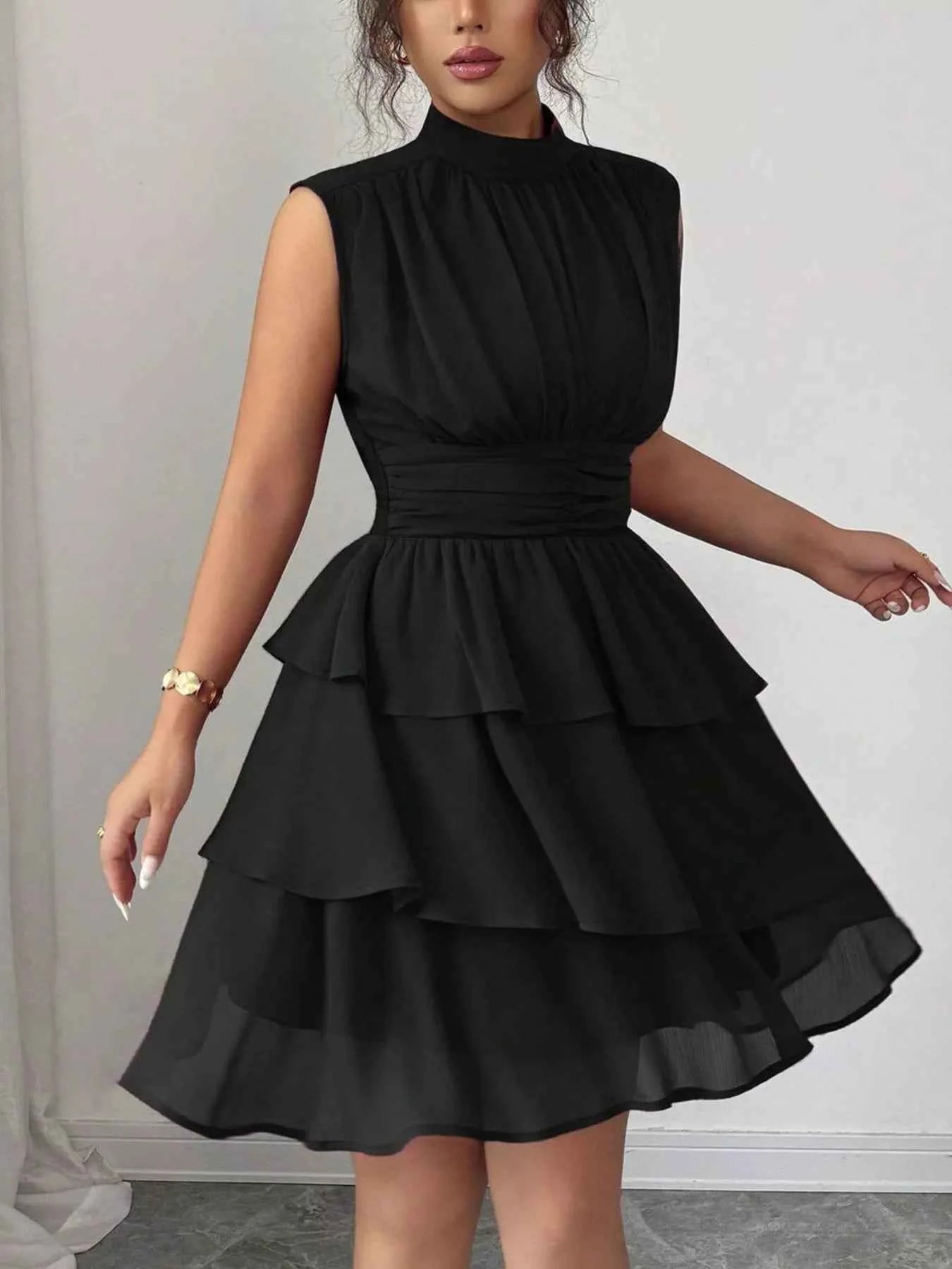 Sleeveless Mock Neck Layered Ruffle Dress
