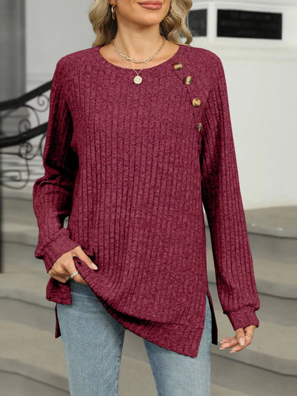 Round Neck Side Slit Ribbed Knit Top with Asymmetric Button Detail