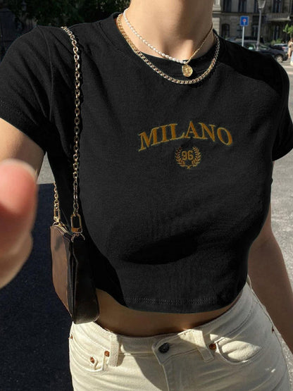 Letter Embroidered Cropped T-Shirt