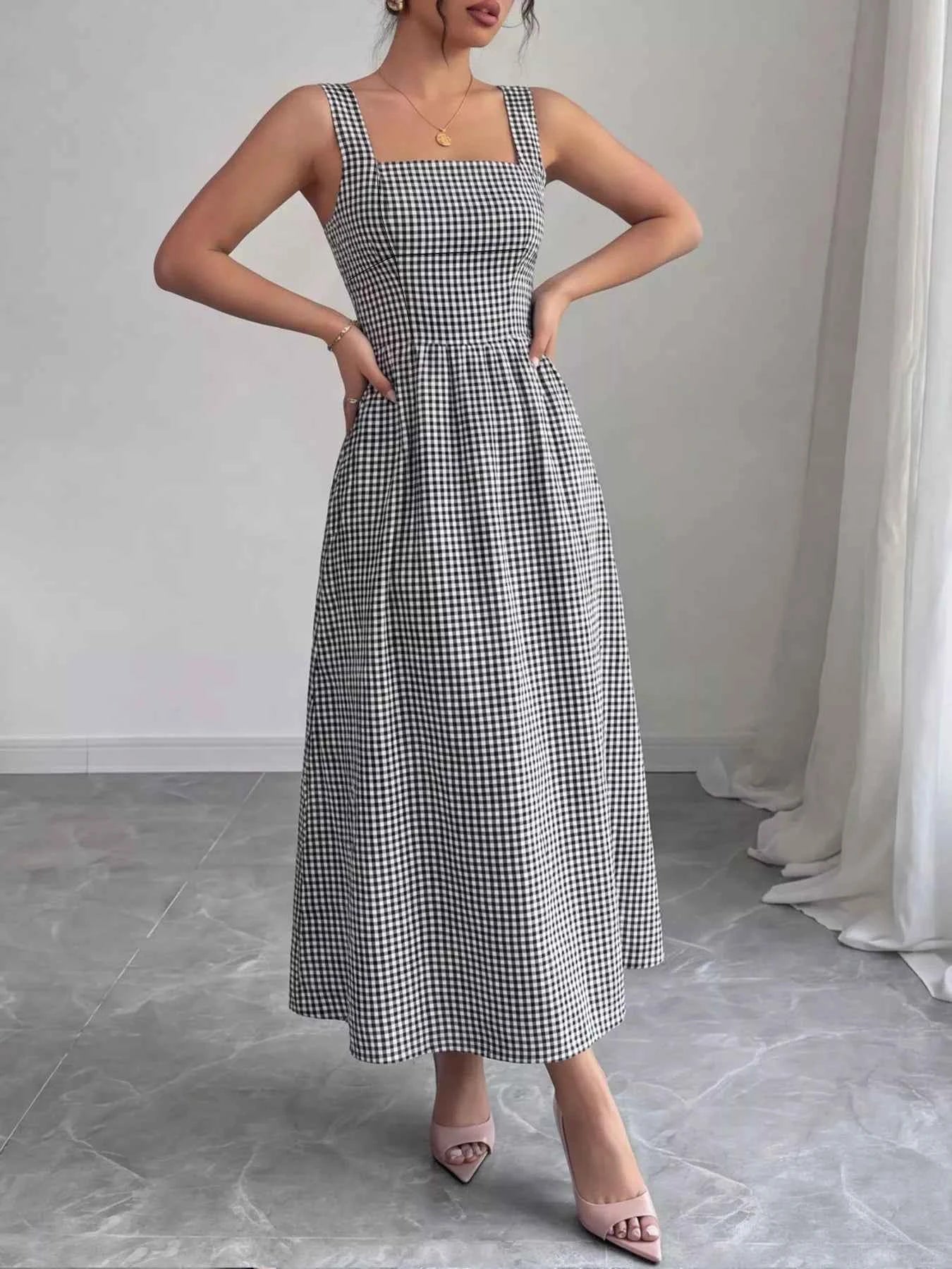 Square Neck Gingham Midi Dress