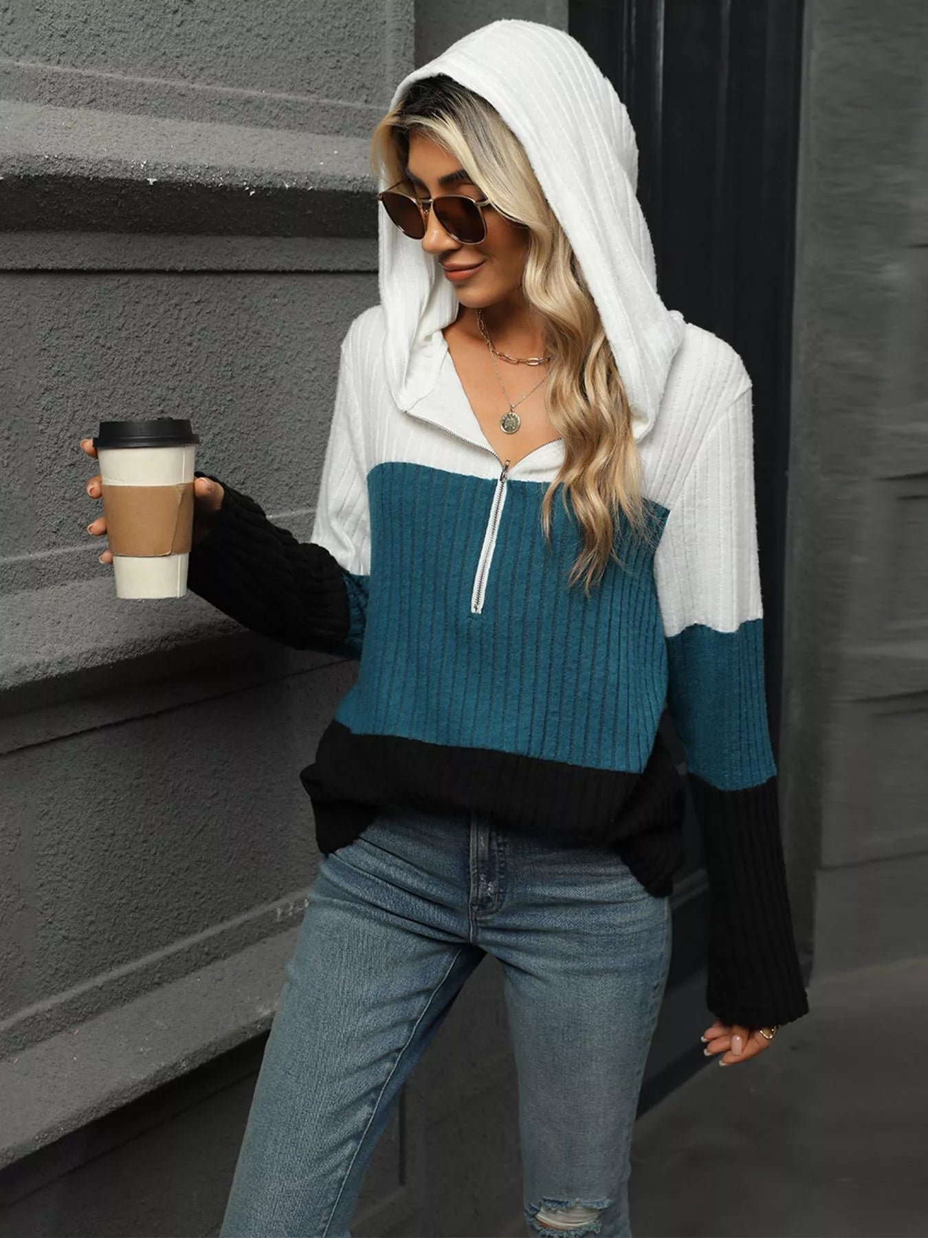 Color Block Half Zip Hooded Top