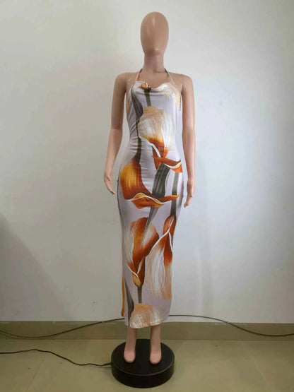 Floral Print Cowl Neck Backless Maxi Dress