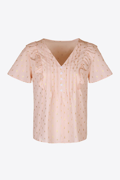 Perfee Printed Ruffle Trim Pleated Detail Blouse