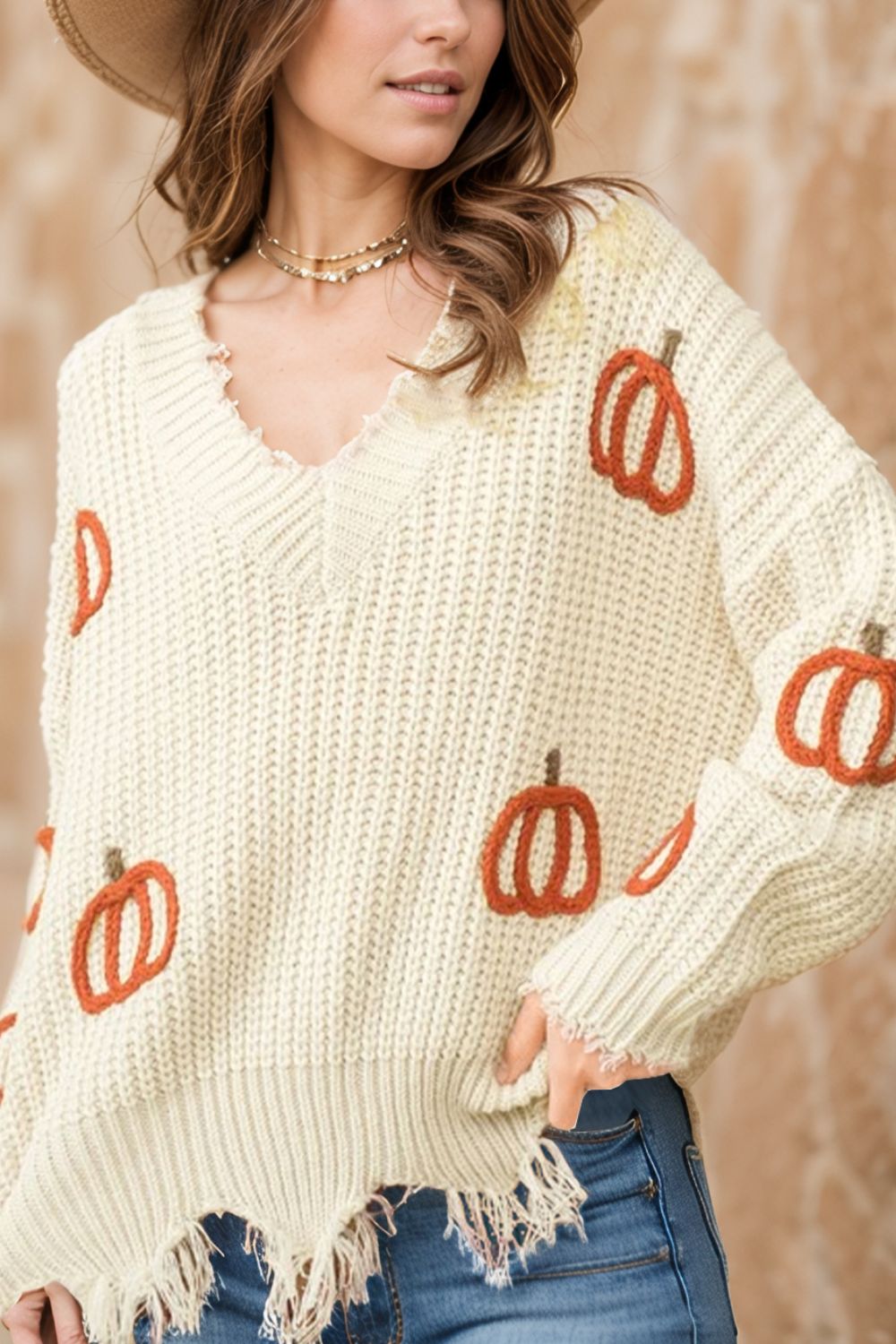 Raw Hem Pumpkin V Neck Long Sleeve Sweater