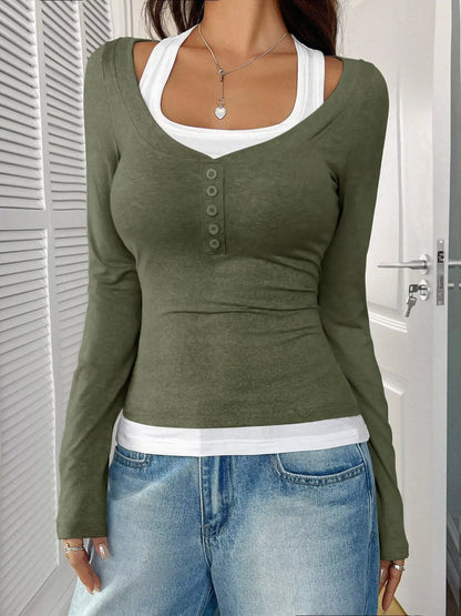 Scoop Neck Long Sleeve Fake Two-Piece T-Shirt