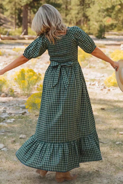 Plaid Square Neck Shirred High Waist Ruffle Hem Maxi Dress