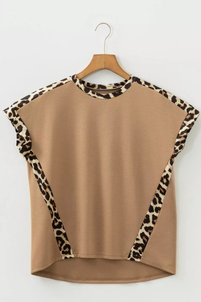 Light French Leopard Trim Round Neck Loose T Shirt