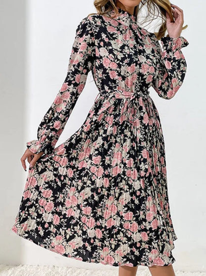Floral Print Long Sleeve Pleated Midi Dress
