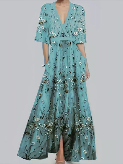 Floral Print Half Sleeve Maxi Dress with Pockets