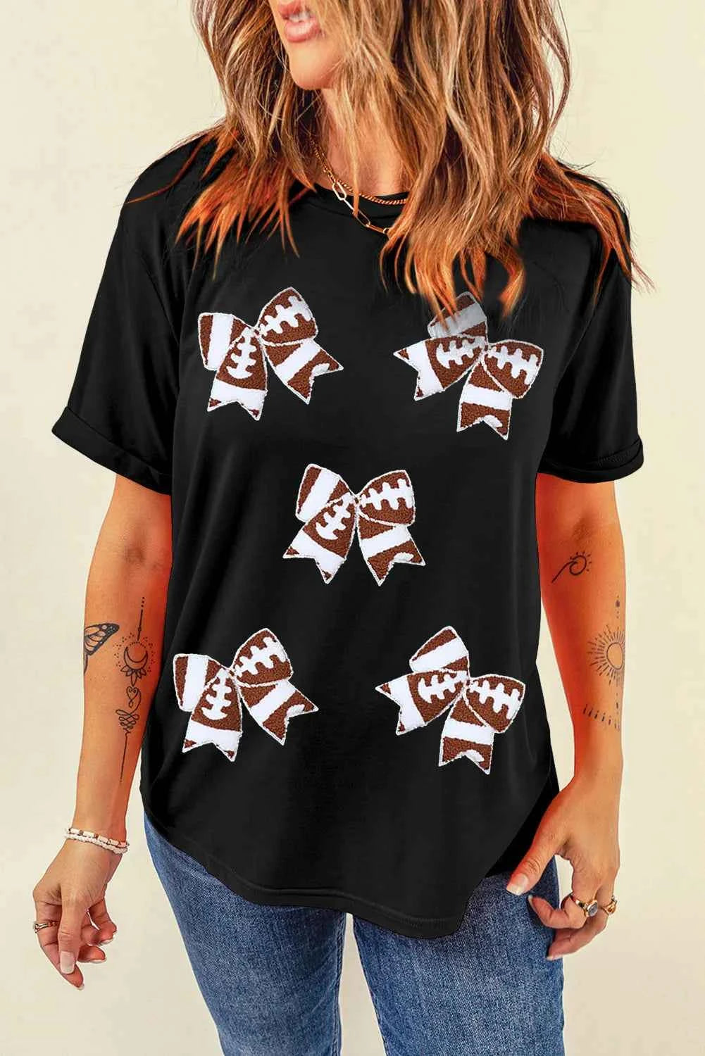 Bow Round Neck Short Sleeve T Shirt Lojy Shop